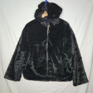 Cali1850 Ladies Black Faux Fur Jacket With Hood And Zipper Front Size Medium